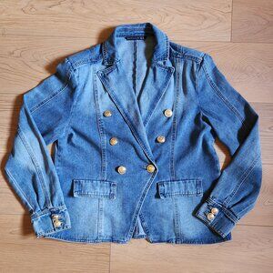 Denim Double-Breasted Women's Blazer Jacket - Blue